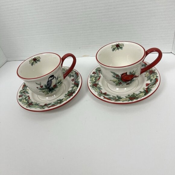 Susan Winget ‘Winter Song’ Cup And Saucer Sets Cardinal Chickadee Holly in a Box - Picture 1 of 9